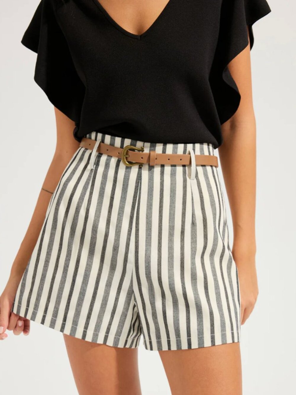 Commense Striped Cotton Linen Belted Shorts